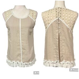 Easley Tank with Cut Work Lace Ruffle Open Back Tan and Off White Size S…